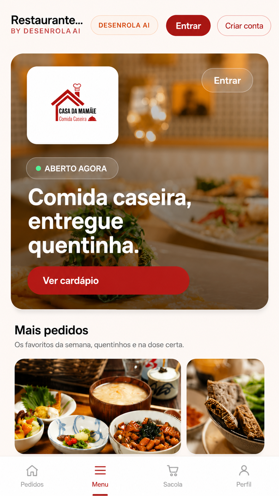 Preview do cardápio digital com identidade visual do restaurante no Desenrola Ai