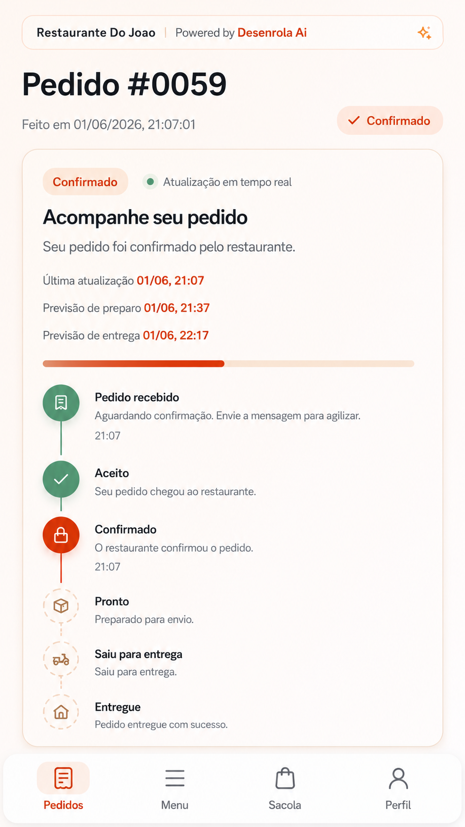 Tela de acompanhamento de pedido pelo cliente no Desenrola Ai